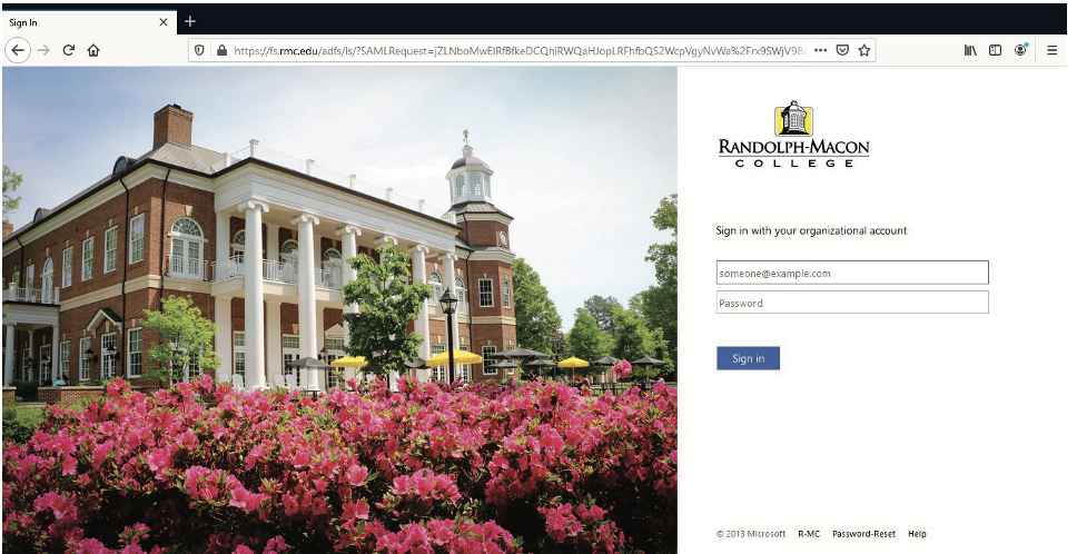 The college login page features a building surrounded by pink flowers on the left, while on the right, students can access their sign-in fields for quick entry—perfect for those requesting access to assessment tools and proctoring resources.